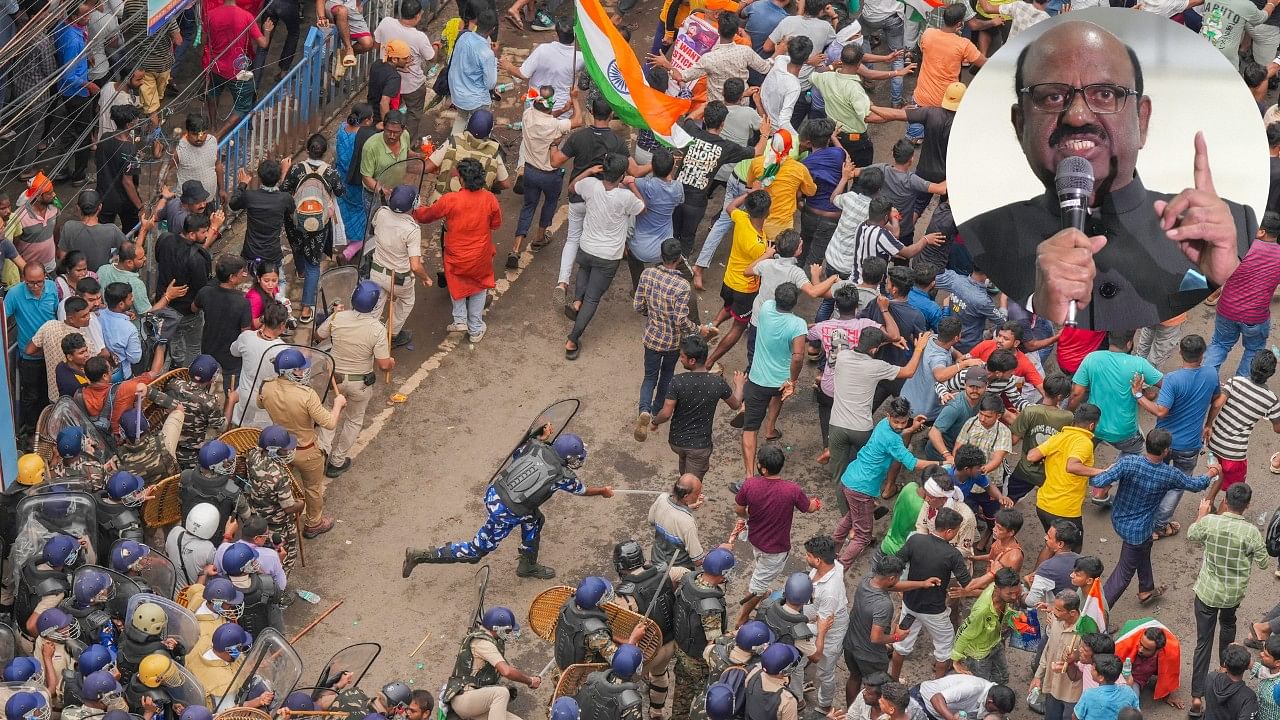 <div class="paragraphs"><p>Howrah: RAF personnel lathi-charge during a protest march by Paschimbanga Chhatra Samaj activists to Nabanna (state secretariat) against the alleged rape and murder of a postgraduate trainee doctor, in Howrah, Tuesday, Aug. 27, 2024. (Inset: Bengal Governor C V Ananda Bose).</p></div>